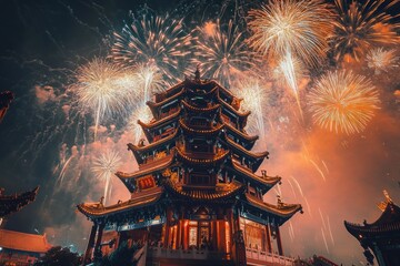 Fototapeta premium Illuminated Traditional Asian Temple with Vibrant Fireworks Display