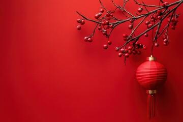 Red Lantern Hanging on Branch with Red Berries, Minimalist Chinese New Year Decoration