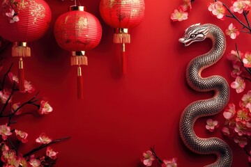 Obraz premium Red Lanterns and Snake Decor Amidst Cherry Blossoms