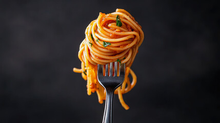 close up of spaghetti with tomato sauce on a fork