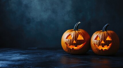 Three Halloween pumpkins with multicolored glow on a dark background. A picture with a place for text.