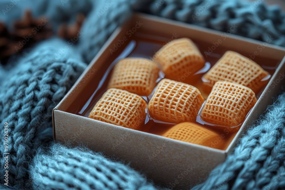 Sticker A box of herbal lozenges next to a cozy scarf, ready to soothe a scratchy throat. Concept of seasonal relief during colder months.