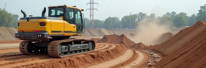 A powerful yellow bulldozer working on a construction site, moving earth and creating paths in a dusty environment.