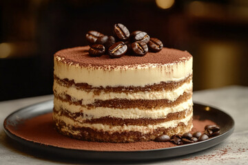 A front view of a luxurious tiramisu cake, with layers of espresso-soaked sponge and mascarpone cream. The cake is topped with a dusting of fine cocoa powder and a few coffee beans for an added touch