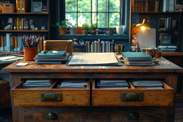 An office desk with an endless drawer, where papers and files keep appearing, showcasing the overwhelming amount of work in business. Concept of workload.