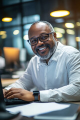 Obraz premium A middle-aged African American male call center agent happily taking notes while working on his computer, surrounded by a busy office environment.