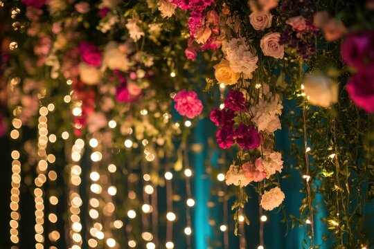 Vibrant Floral and Light Decoration in a Wedding Ceremony