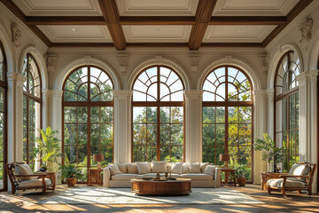 Fototapeta premium A sunroom styled as a royal observatory, with large windows and telescope, showcasing views of the surrounding kingdom. Concept of leisure.