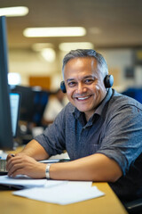 A senior Hispanic male call center agent with a warm smile, taking notes while working on his computer, in a well-lit and organized office..jpg
