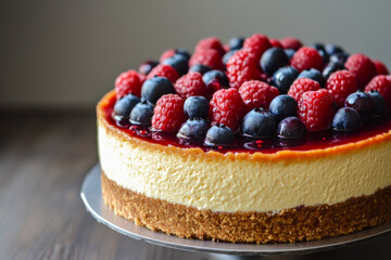 A front view of a rich cheesecake with a golden graham cracker crust. The cake is topped with a vibrant berry compote, with fresh blueberries and raspberries adding a burst of color and flavor.