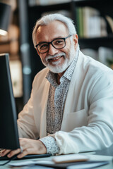 Obraz premium A senior Arabian male call center agent with a friendly smile, taking notes while working on his computer in a professional office. .jpg