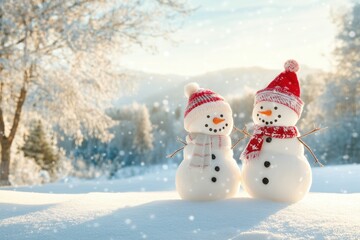 Cute Snowmen in Christmas Hats in a Winter Wonderland with Snow Falling