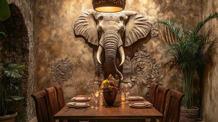 Elevate Your Space: Elegant Dining Area with Majestic Elephant Motif – Perfect Poster for Rustic Interiors and Intimate Gatherings