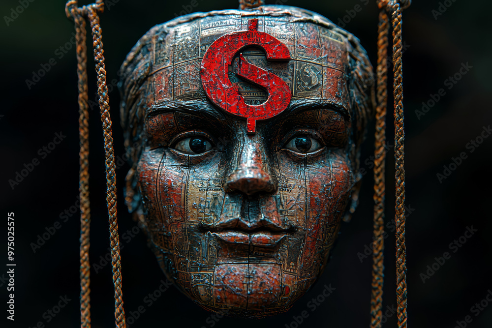 Poster a puppet with strings connected not to a puppeteer, but to a dollar sign, symbolizing the control of