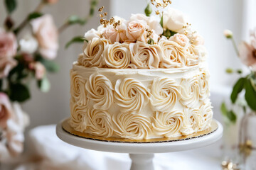 A front view of a luxurious vanilla buttercream cake, decorated with delicate, hand-piped rosettes. The cake is adorned with fresh roses and a scattering of edible gold leaf, creating a beautiful and