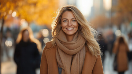 Obraz premium A full-body shot of a supermodel smiling as she strolls through a lively autumn city street, dressed in a wool coat and scarf, complemented by skinny jeans and stylish ankle boots.