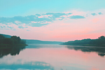 A dreamy river scene at dawn with a gradient sky transitioning from soft, warm pinks at the horizon to a cool, serene blue above. The river is calm, reflecting the delicate colors of the gradient sky.