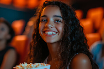 A Brazilian teenage girl, cheerful and excited, munching on popcorn while watching a comedy movie in a cinema. Her joyful expression fills the theater with warmth.