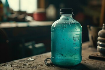 Plastic bottle full of water with condensation is standing on a workbench in a workshop
