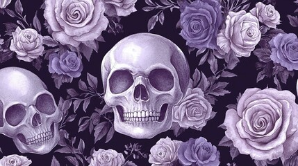 Purple Human Skulls and Roses on a Dark Background