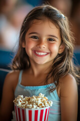A Hispanic preschooler girl, cheerful and innocent, munching on popcorn while enjoying a comedy movie in the cinema. Her joyful expression fills the theater with light.