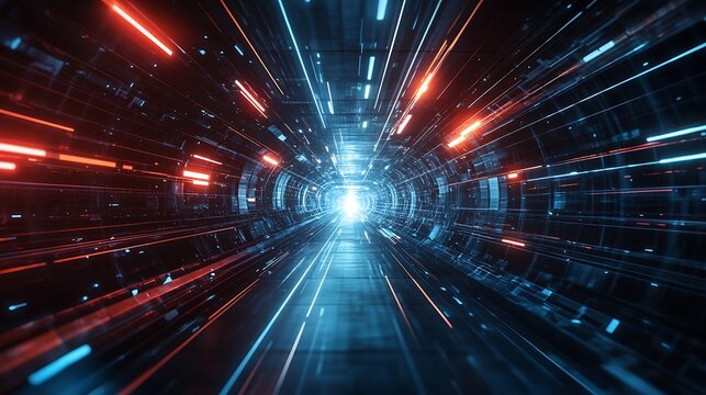 Cyber tunnel with sharp geometric lines, creating a sense of speed and technological advancement, perfect for conveying futuristic themes