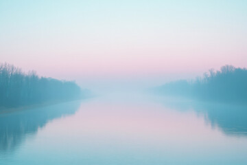 Fototapeta premium A dreamy river scene at dawn with a gradient sky transitioning from soft, warm pinks at the horizon to a cool, serene blue above. The river is calm, reflecting the delicate colors of the gradient sky.