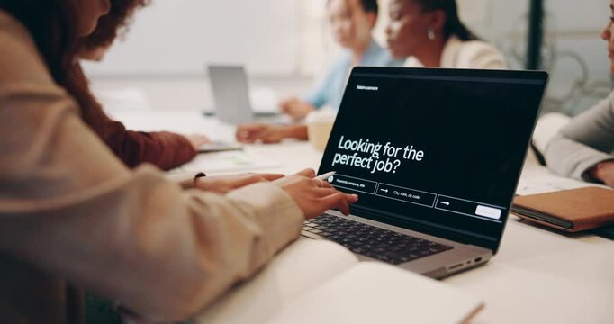 Woman, writing and notebook with laptop for job search, online research and hiring website of recruitment. Female person, meeting and digital for schedule, application notes and opportunity process