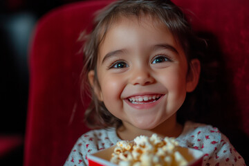 Naklejka premium A Hispanic preschooler girl, joyful and innocent, munching on popcorn while watching a comedy movie in a cinema. Her laughter lights up the theater.
