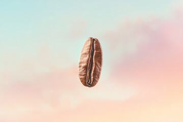 A coffee bean floating gently down from the sky, like a feather, with a soft glow around it. The background is a serene, pastel-colored sky with light, fluffy clouds, creating a peaceful, dreamlike