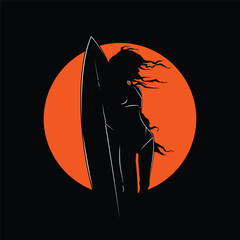 Original vector vintage illustration. A girl with a surfboard on the background of the sunset. T-shirt Design.