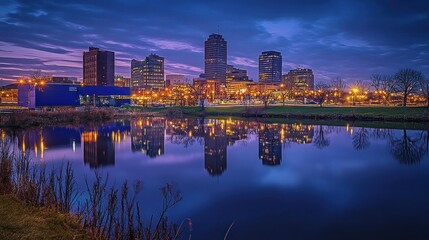 Fototapeta premium A city skyline at dusk with a reflection of the buildings in the water.