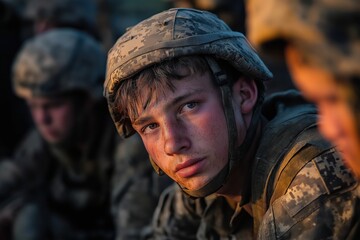 Fototapeta premium Young soldiers in uniforms focused during military training exercises underovercast skies in an outdoor location
