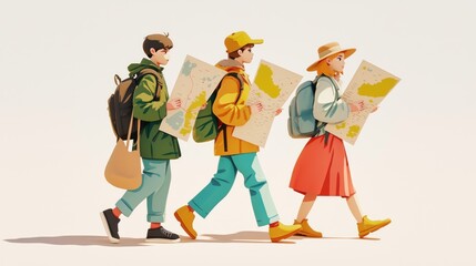 Three people carrying a map, digital illustration, conveying the concept of travel, capturing the natural environment conveying the adventurous spirit for future adventures