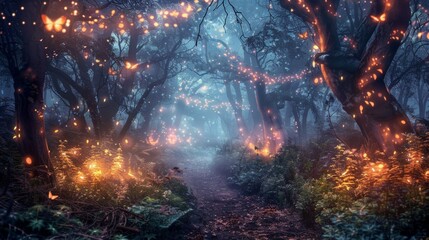 Autumn magical forest background with lights