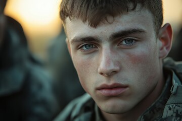 Young soldiers in uniforms focused during military training exercises underovercast skies in an outdoor location