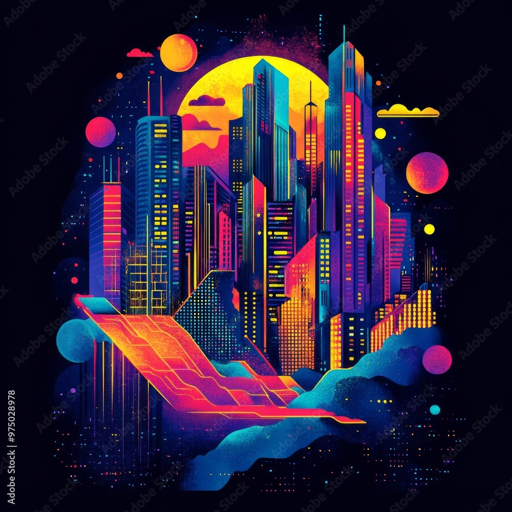 Wall mural Futuristic cityscape with vibrant colors and geometric shapes.