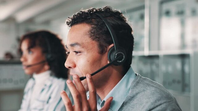 Call center, customer service and man consultant in office with crm communication for online. Contact us, headset and technical support, telemarketing or sales agent working with client consultation.