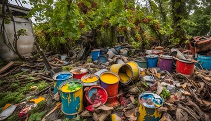A pile of colorful paint cans scattered in a forest setting. The cans are rusted and weathered, and some of the paint has spilled out, creating a colorful and chaotic scene. A high-quality AI