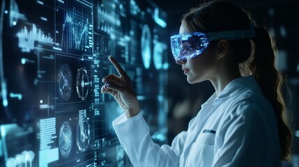 Scientist observing data through augmented reality interface, futuristic technology visualization. AI generated