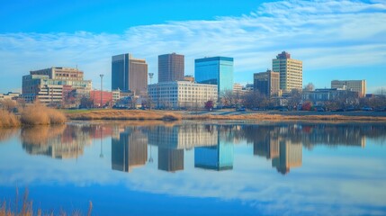 Obraz premium A cityscape with modern buildings reflected in a calm body of water on a sunny day.