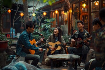 Chinese friends gather in a garden, enjoying music and laughter during an evening gathering in a cozy courtyard