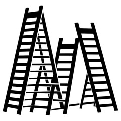 Silhouetted ladders stand in various positions creating a striking visual contrast against the empty background emphasizing their lines and structure