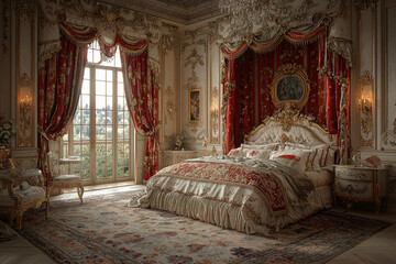 Fototapeta premium A bedroom designed like a luxurious castle chamber, with a canopy bed and tapestries, showcasing regal elegance. Concept of opulence.