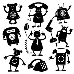 A vibrant assembly of whimsical phone illustrations features characters and silhouettes bringing lively energy and creativity to the artwork