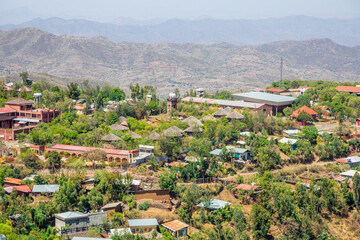 Aerial view to ethiopian town streets and buildings, Lalibela, Amhara Region, Ethiopia.
