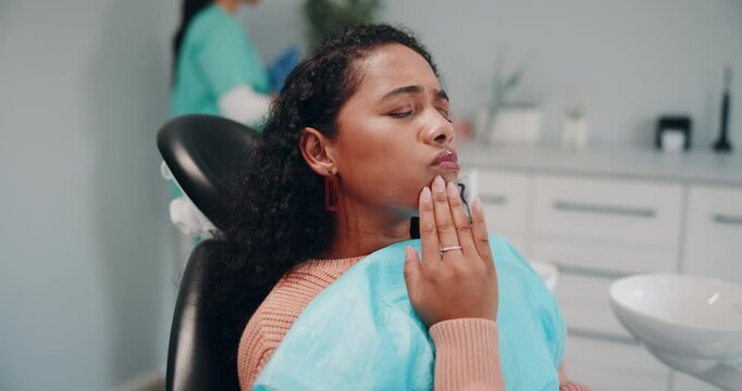 Clinic, woman and pain with toothache for consultation, appointment and checkup for oral care. Hospital, dental cleaning and female person with sore for teeth decay, gum disease and impacted wisdom