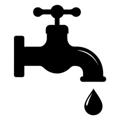 A black silhouette art of a water tap with a droplet hanging from the spout illustrating the concept of water conservation and usage in a simple form