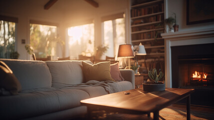 Fototapeta premium Sunlit Living Room with Fireplace