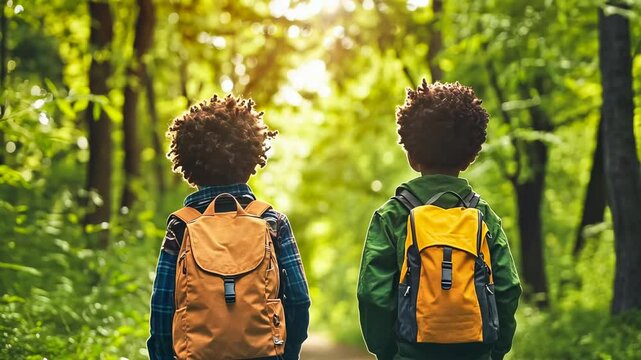 Two young Afro-American boys, around 7-9 years old, hike through a lush green forest wearing backpacks. They seem to be enjoying a sunny day, sporting casual clothes and curly hair. The mood is